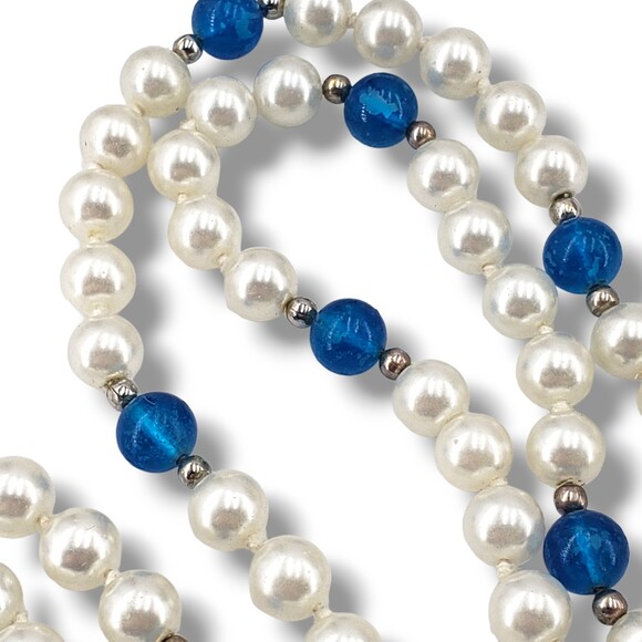 Vintage Hand Knotted Pearl Blue Lucite Gold Tone Satellite Bead Long Necklace - Picture 2 of 5